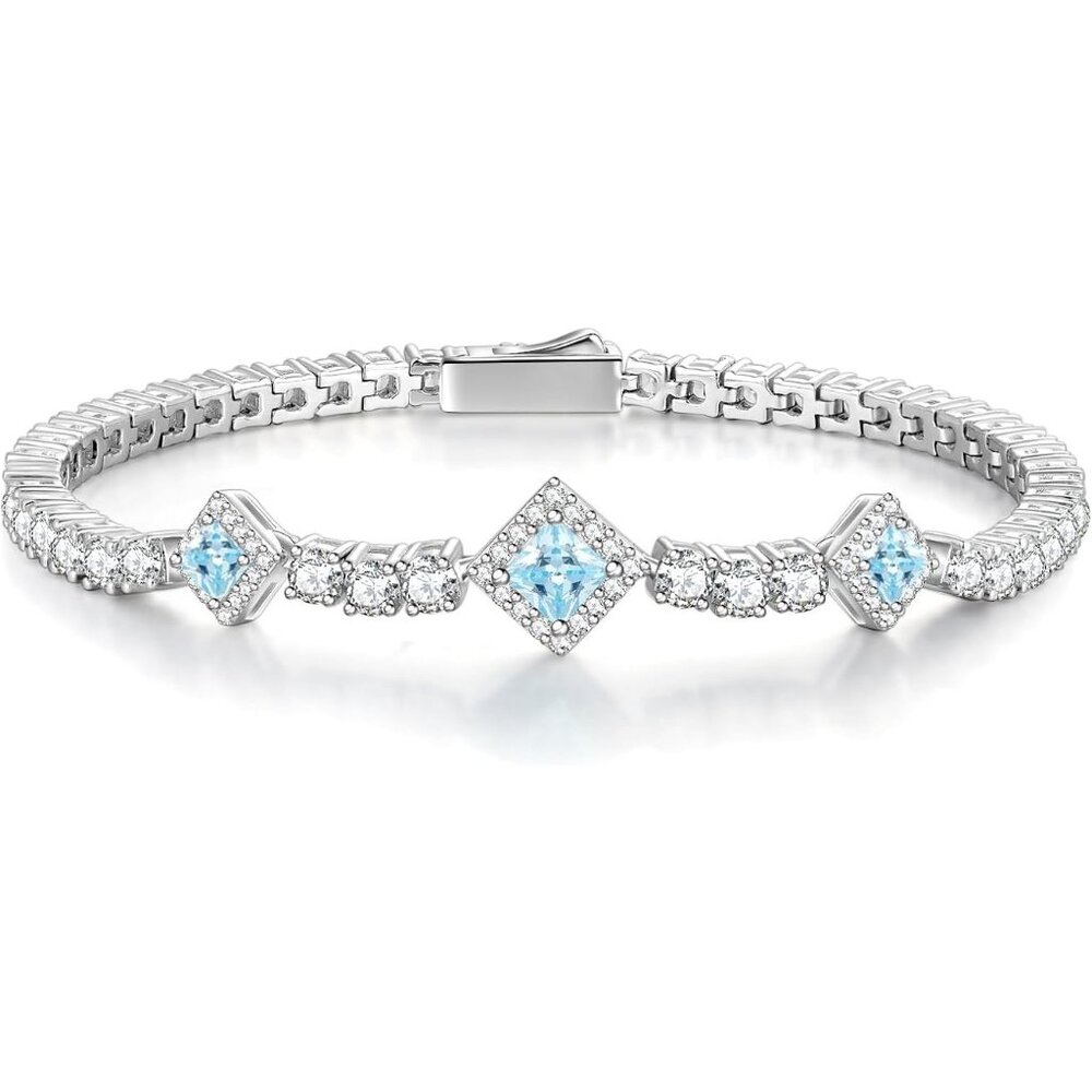 Birthstone 4mm Sterling Silver Tennis Square Gemstone Bracelet - 03-Aquarmarine